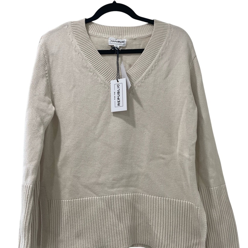For The Republic Cream V-Neck Knit Sweater